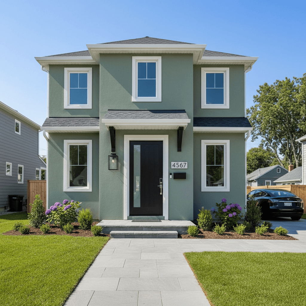 Exterior of a freshly painted house with a new front door and modern fixtures in a suburban neighborhood