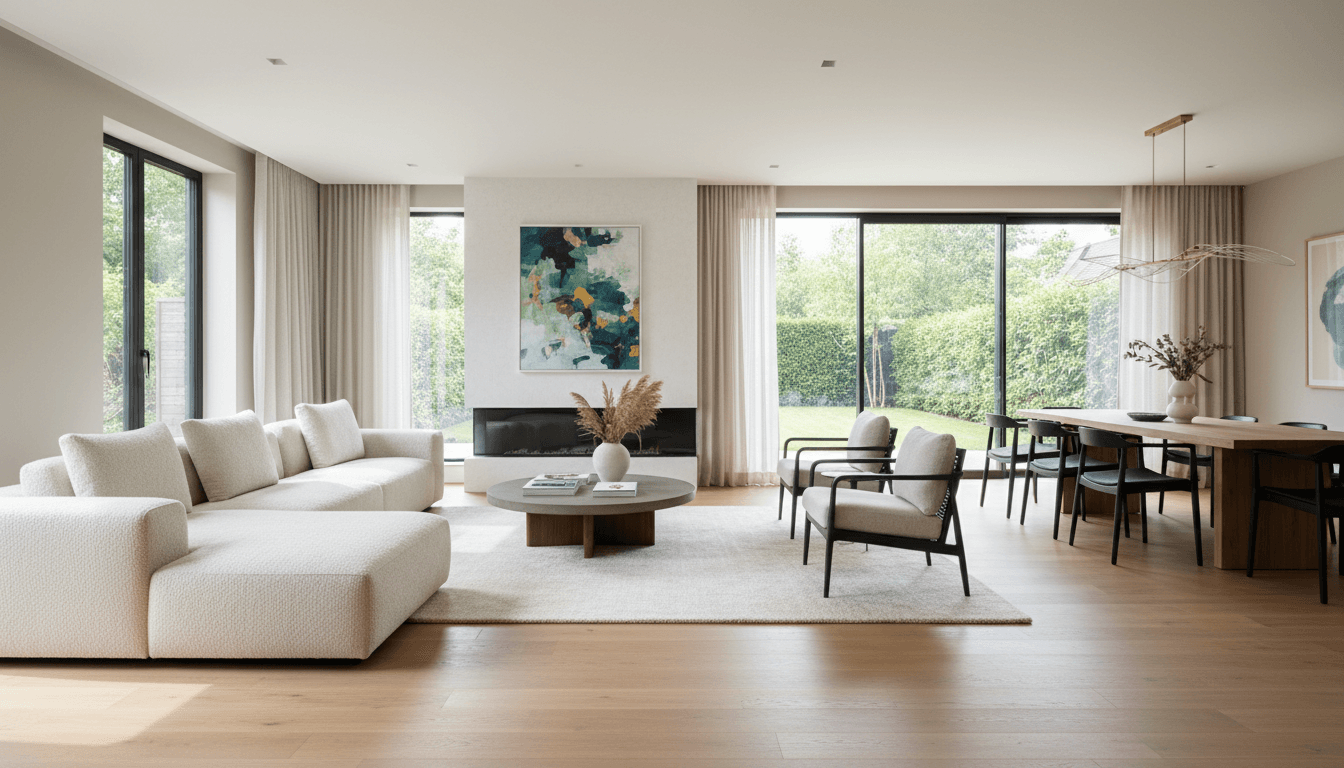 Renovated living room with new flooring and open layout