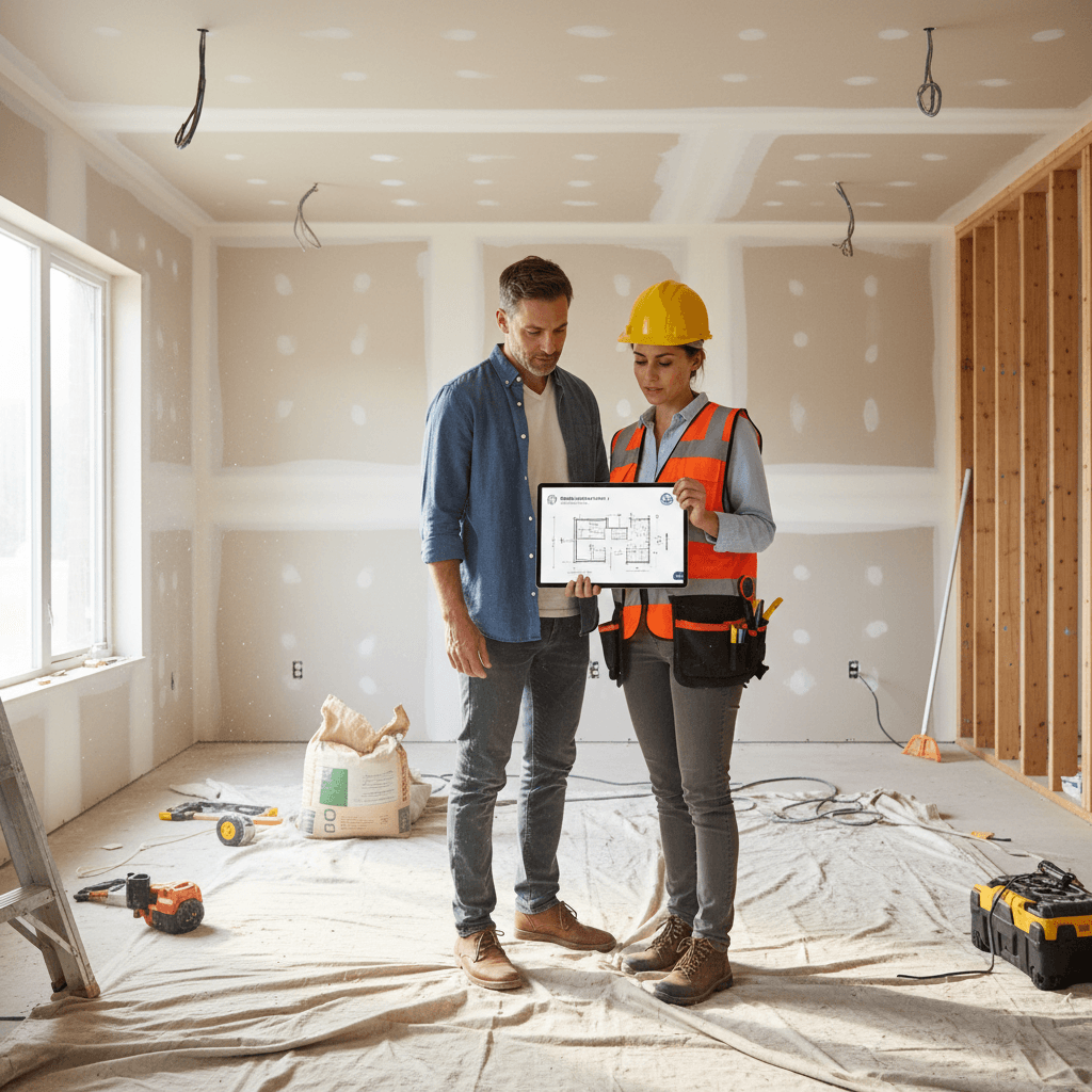 Homeowner and contractor reviewing plans together on a tablet in a partially renovated living room