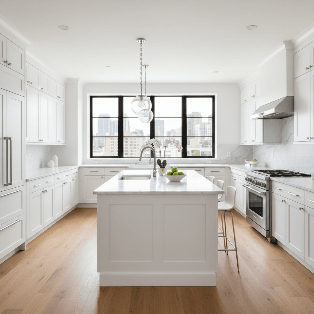 Modern kitchen with white cabinets and quartz countertops after complete remodel