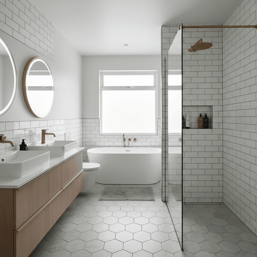 Remodeled bathroom with walk-in shower and subway tile walls