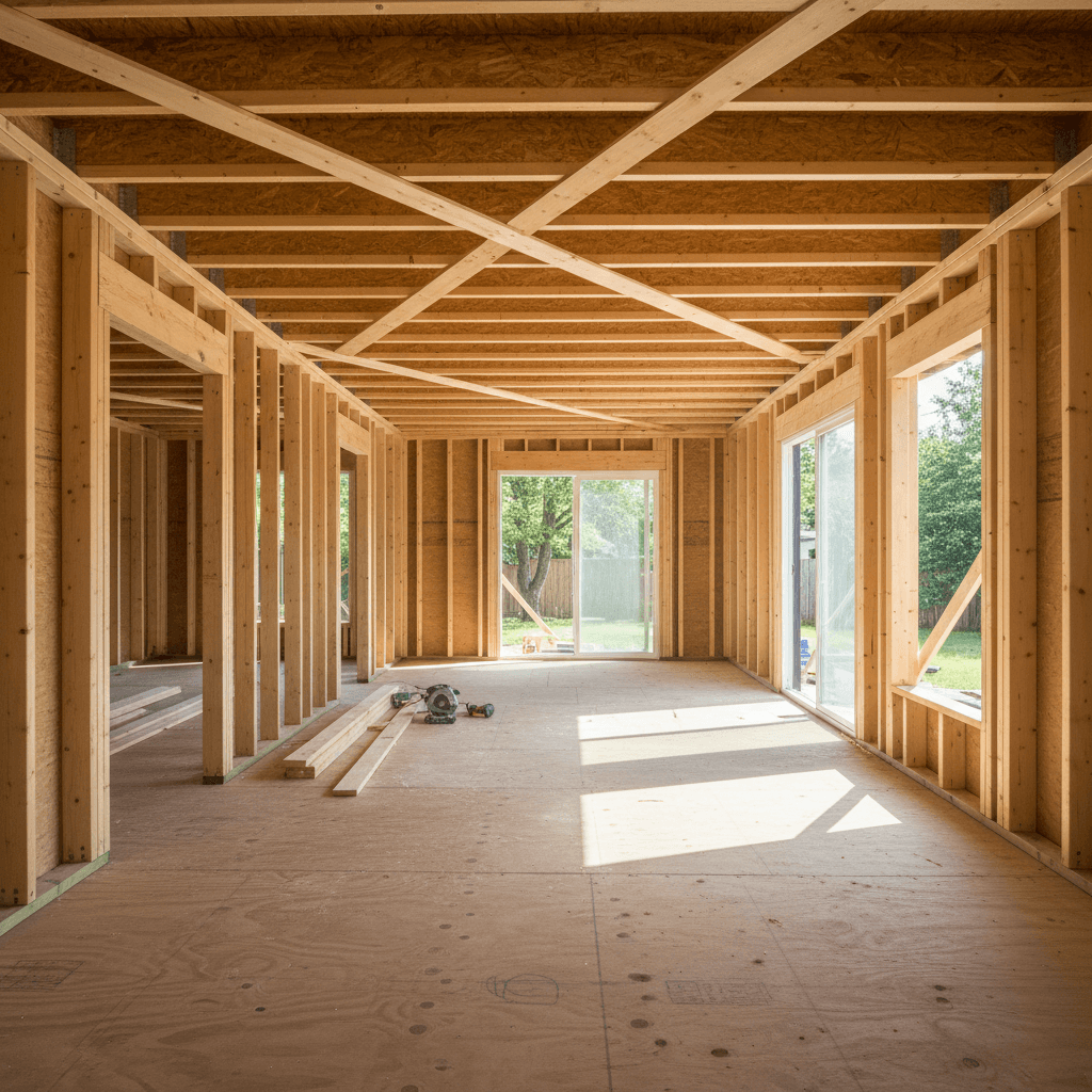 Wide shot of a newly framed room addition showing joists and plywood subfloor