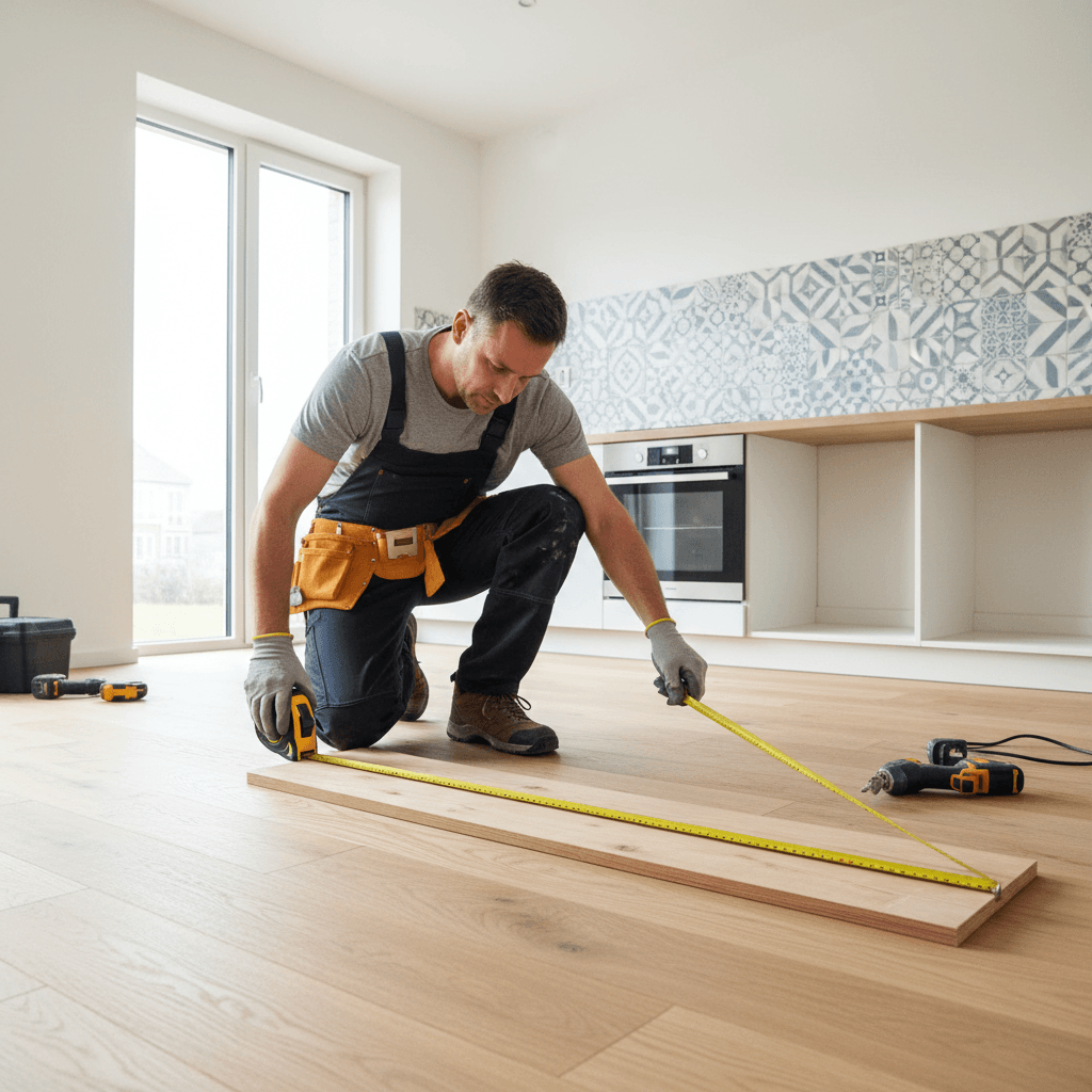 Contractor measuring a wooden plank in a bright renovated kitchen with tile backsplash