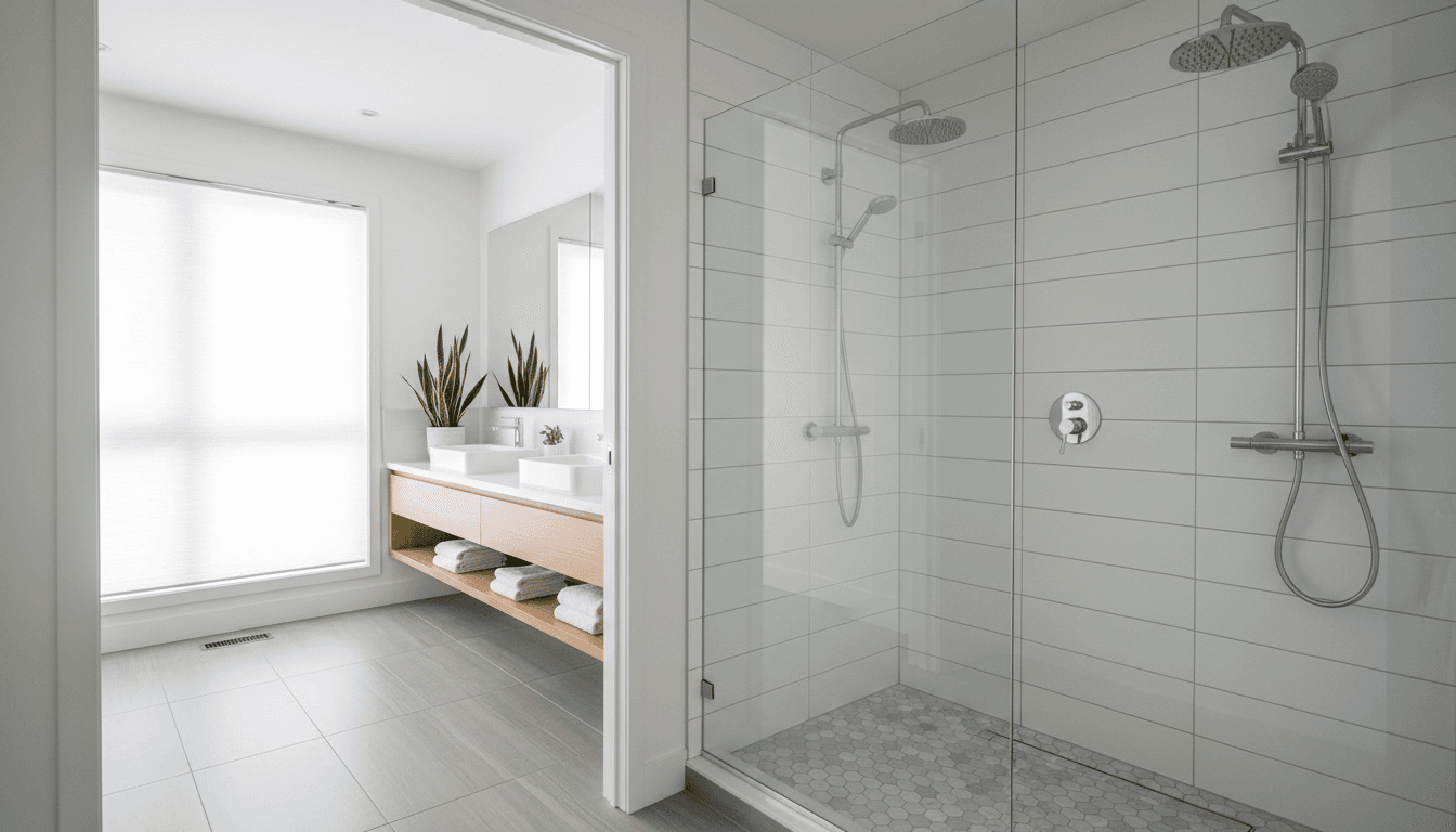 Bathroom renovation with walk-in shower and subway tile
