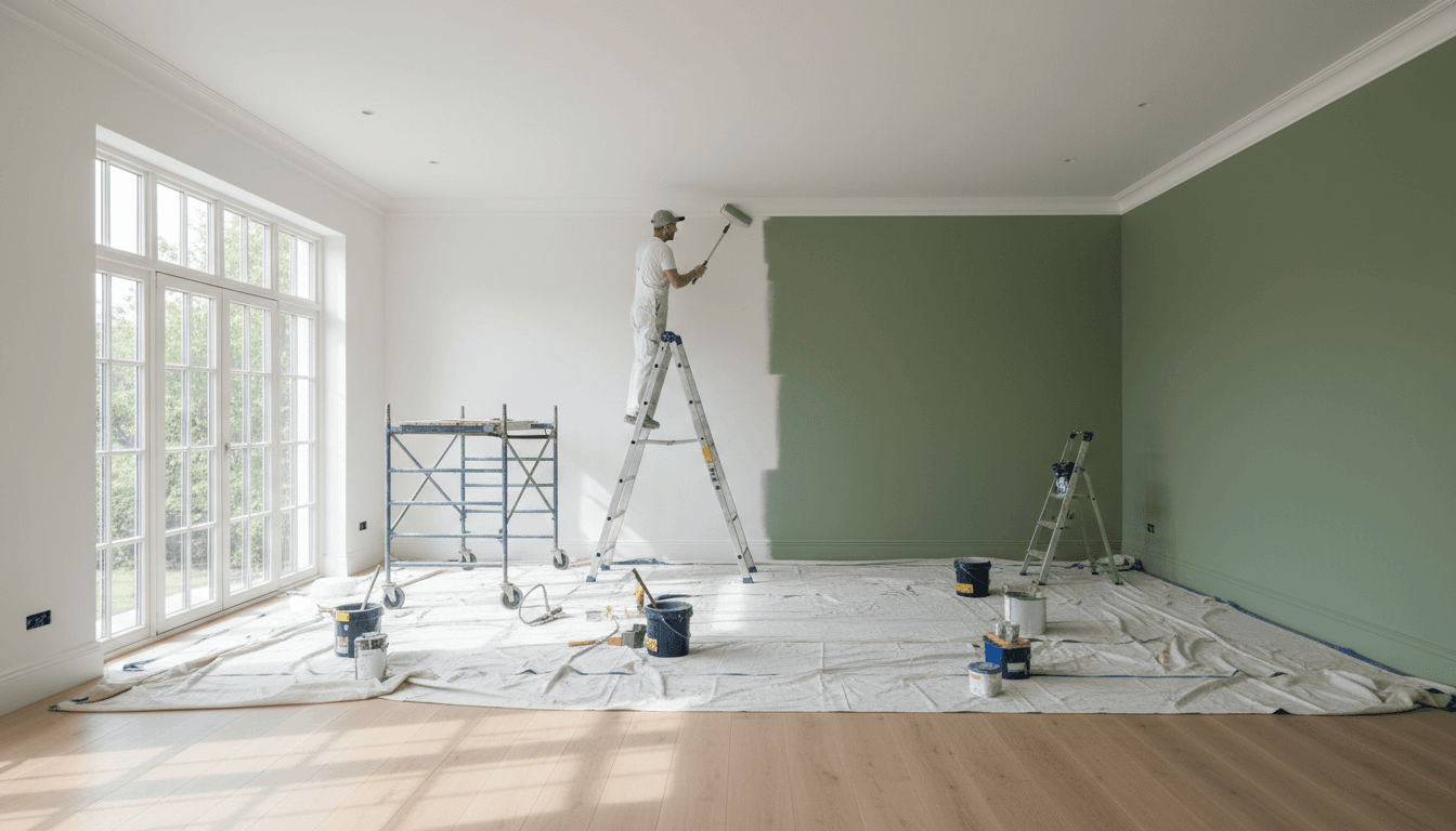 Interior painting project with fresh wall color in living room