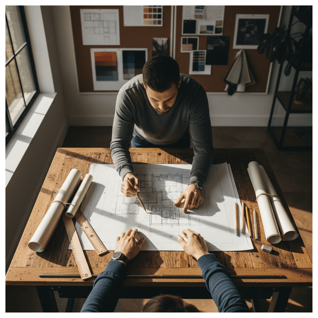 Homeowner reviewing project plans with contractor