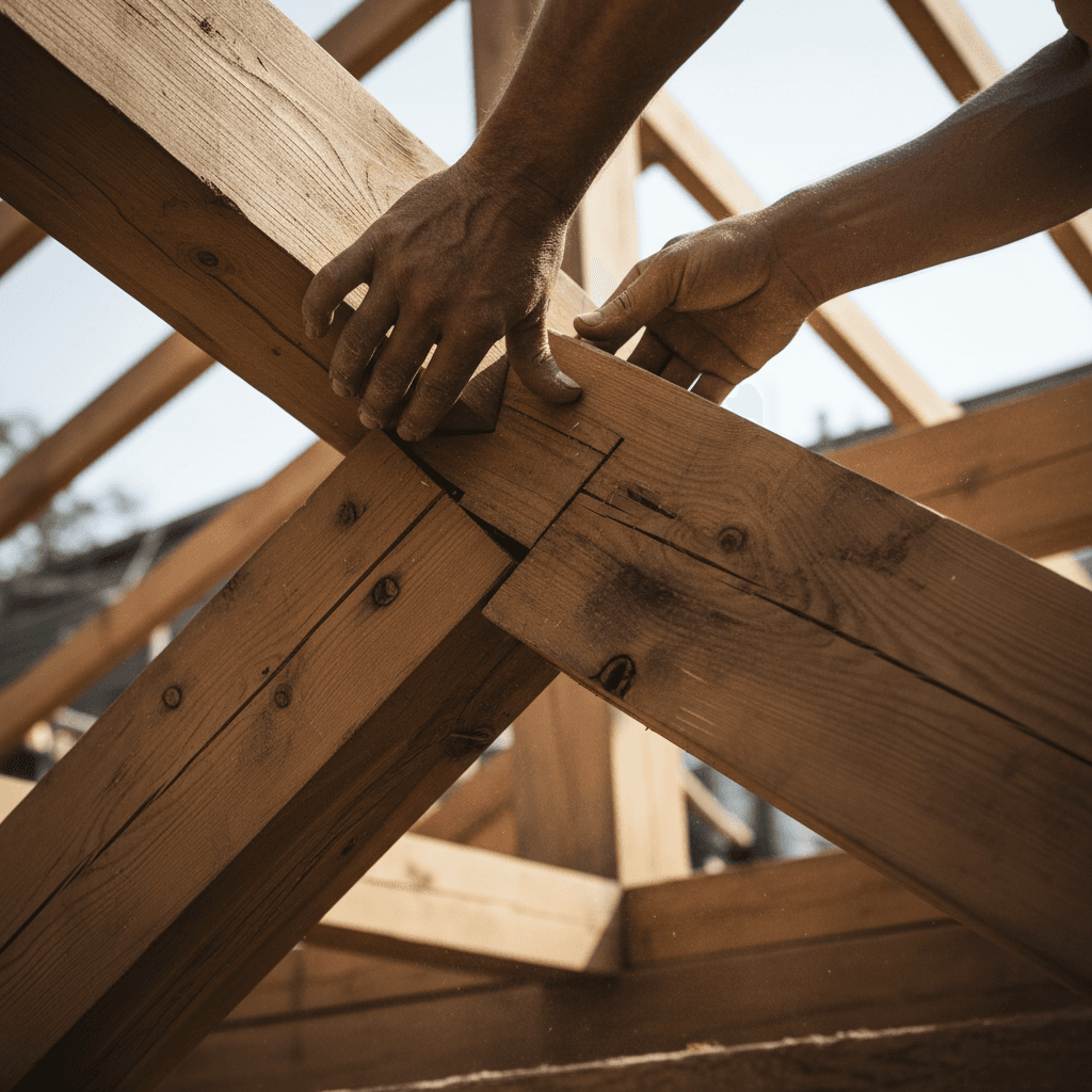 Carpenter installing wooden support beam in residential attic