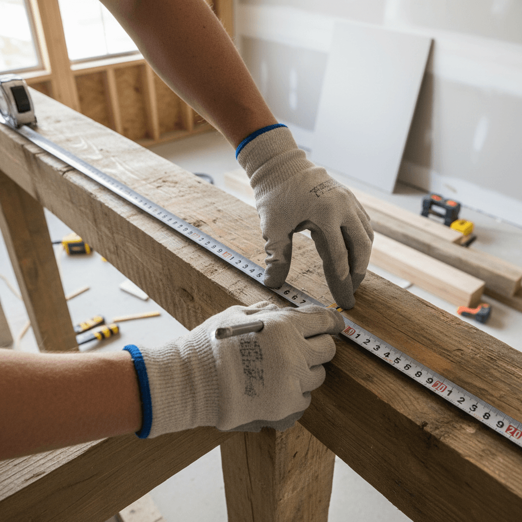 Contractor measuring wooden studs during home addition construction