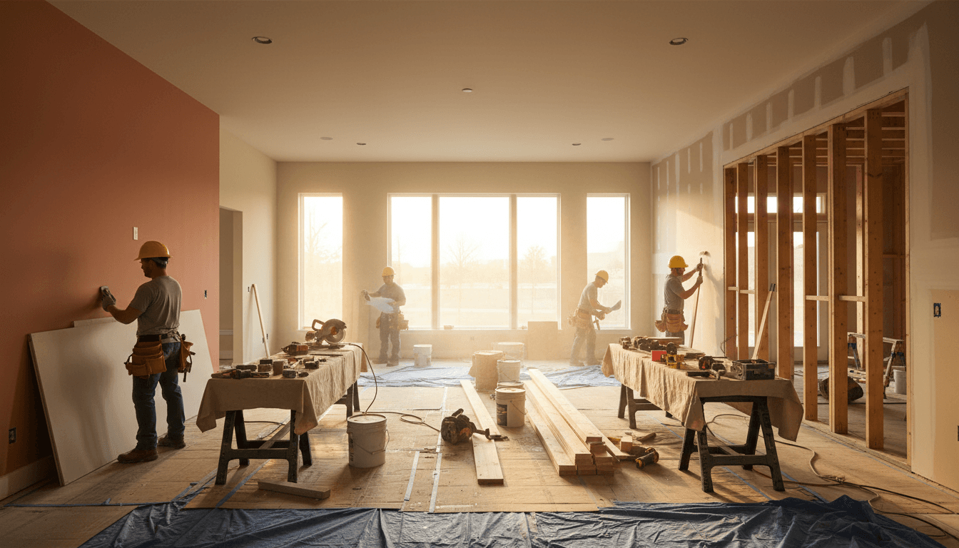 Renovation project with blueprints and tools