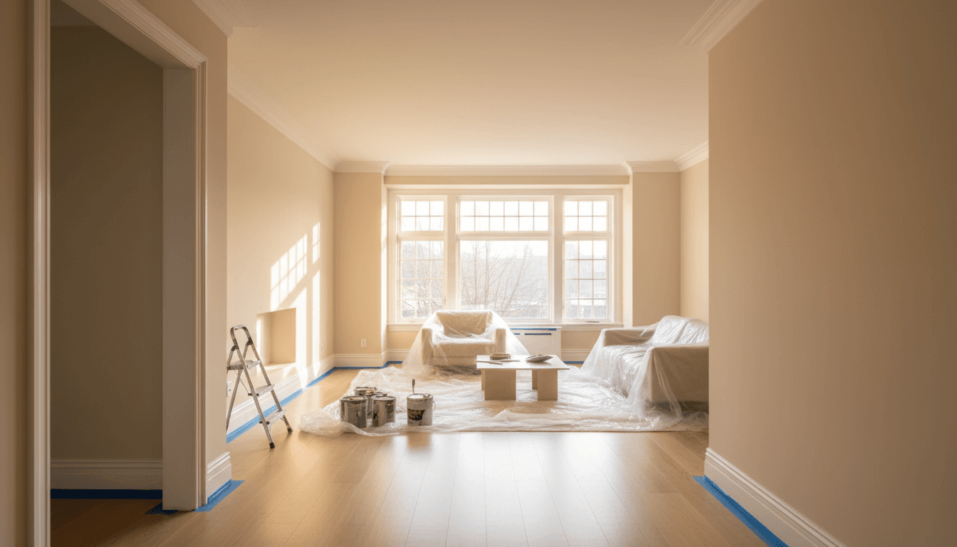 Before and after of a home renovation showing a newly painted room with modern light fixtures