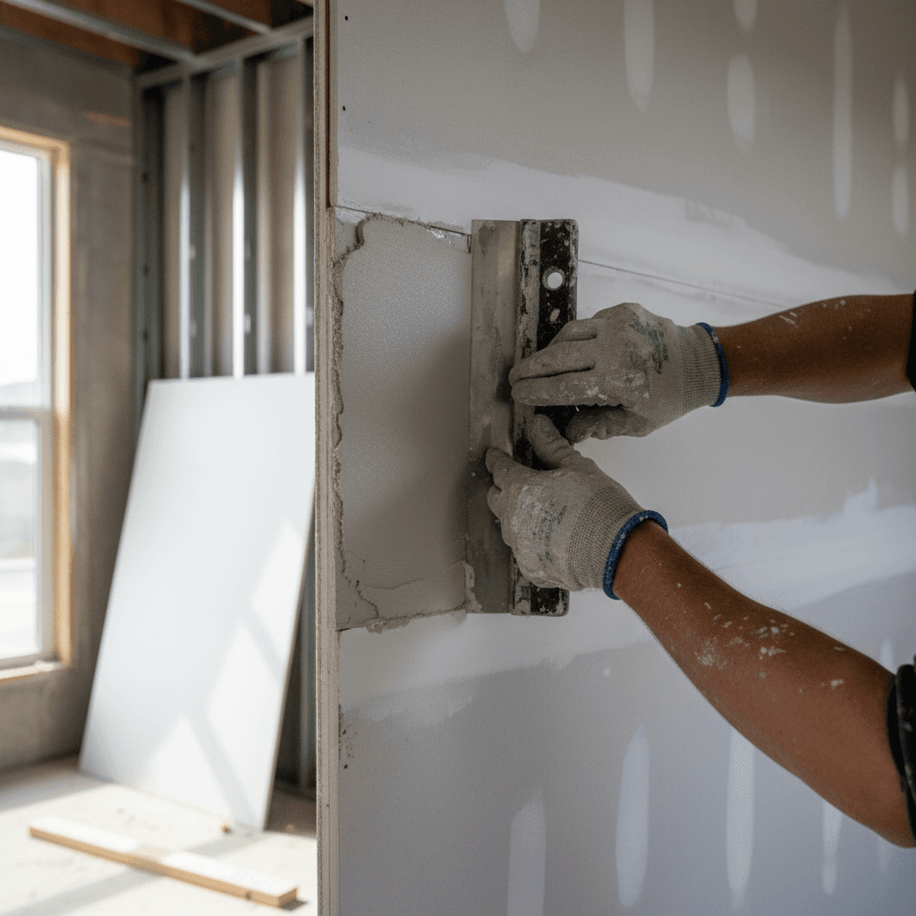 Contractor sanding a drywall joint with a sanding block in a newly framed room