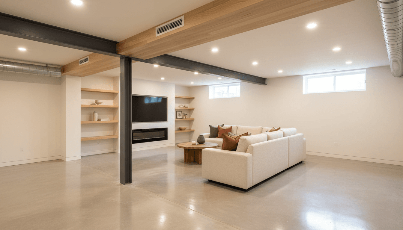 Finished basement with drywall, flooring, and recessed lighting