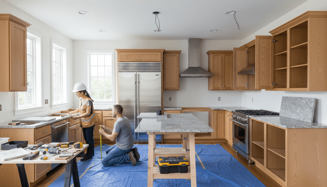 Contractor working on kitchen renovation with tools