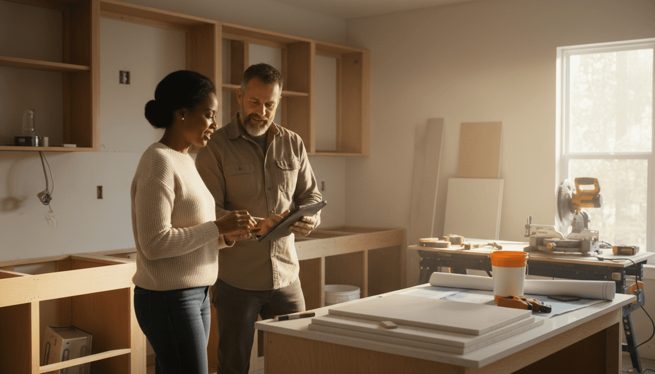 Homeowner shaking hands with a contractor in a newly remodeled kitchen