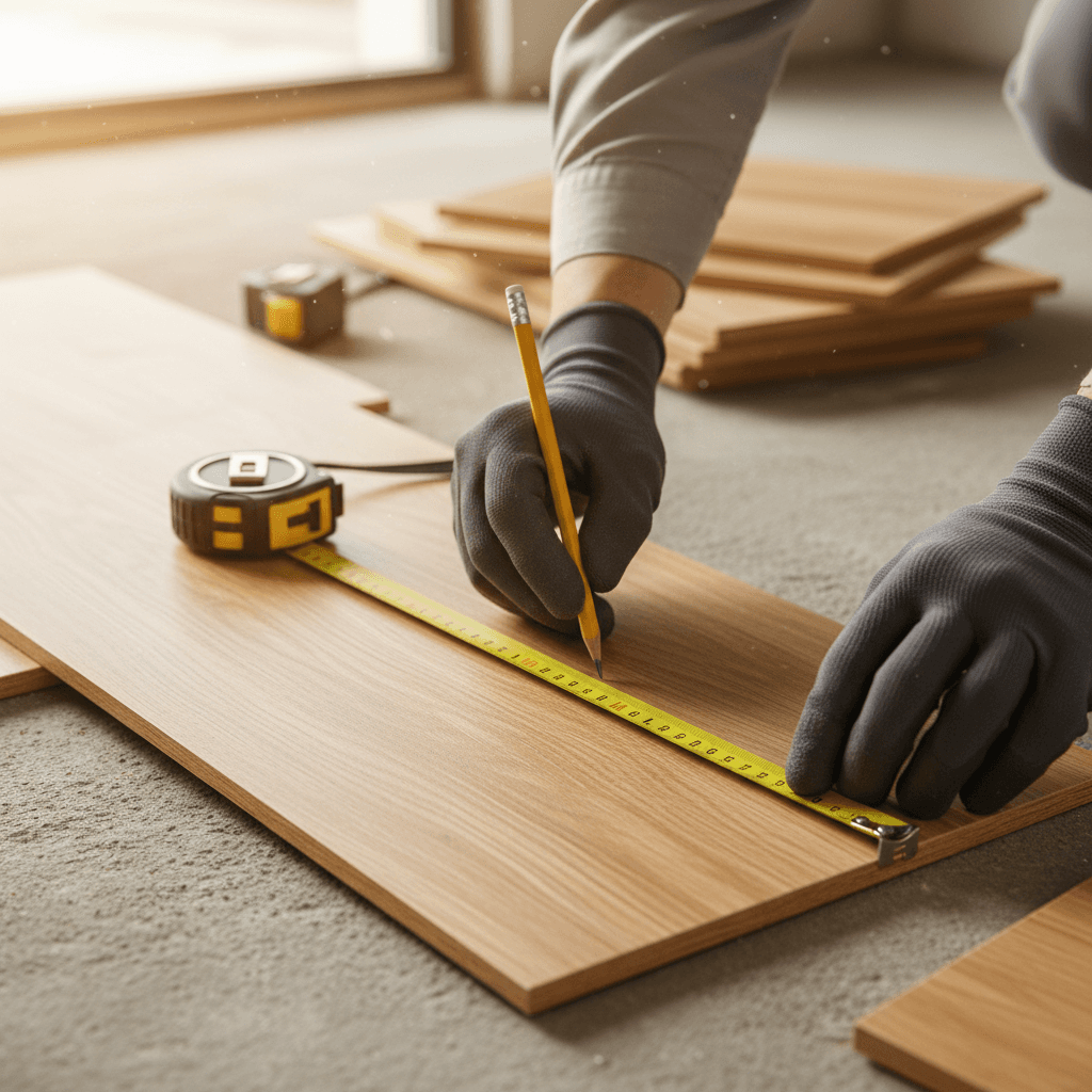 Contractor measuring wooden board with a tape measure in a residential construction site