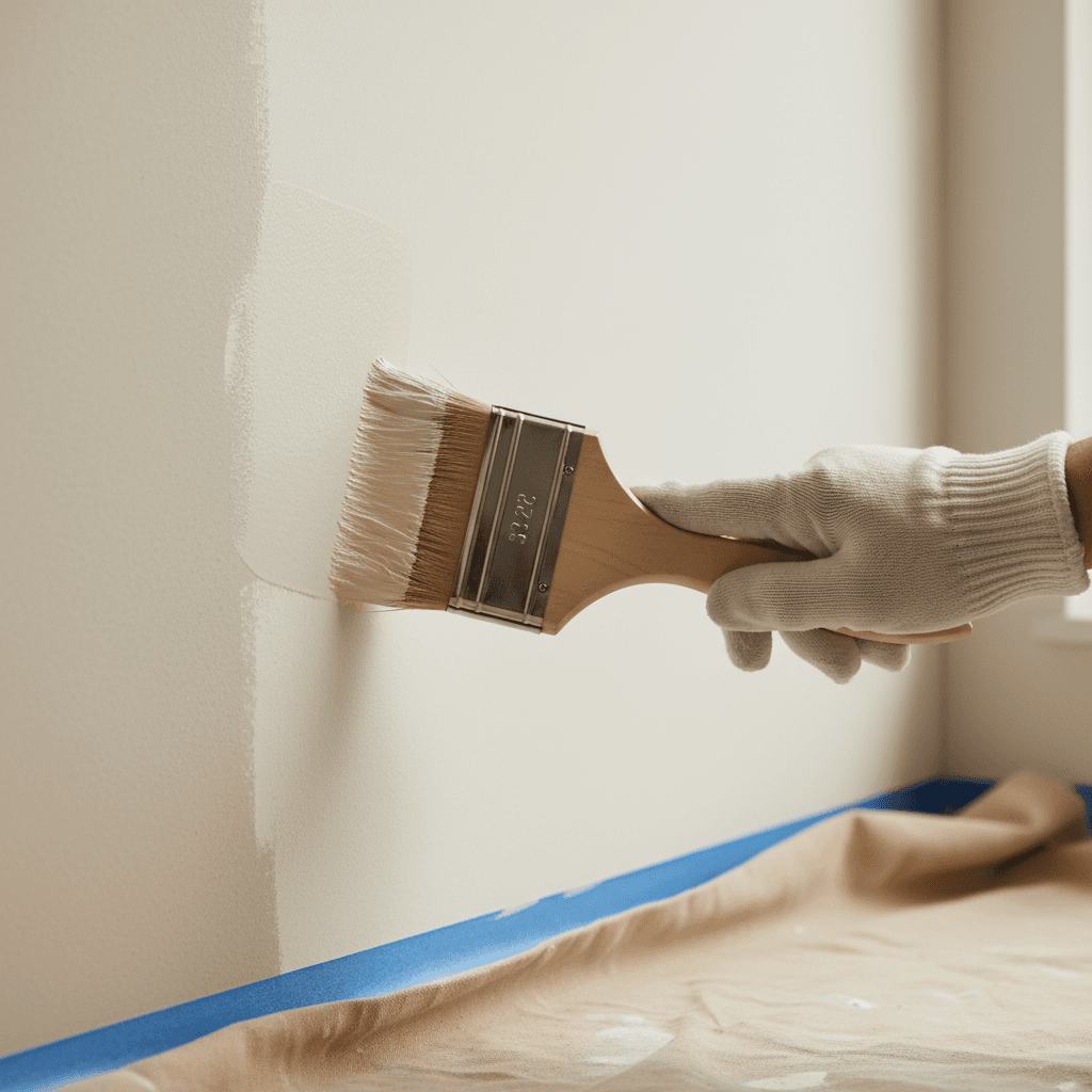 Paintbrush being dipped into a can of paint on a covered dropcloth