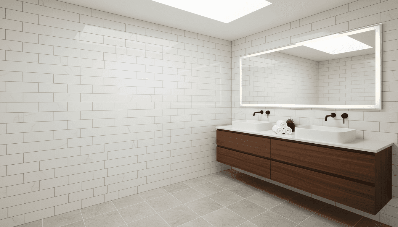 Luxury bathroom renovation with walk-in shower and marble tiles